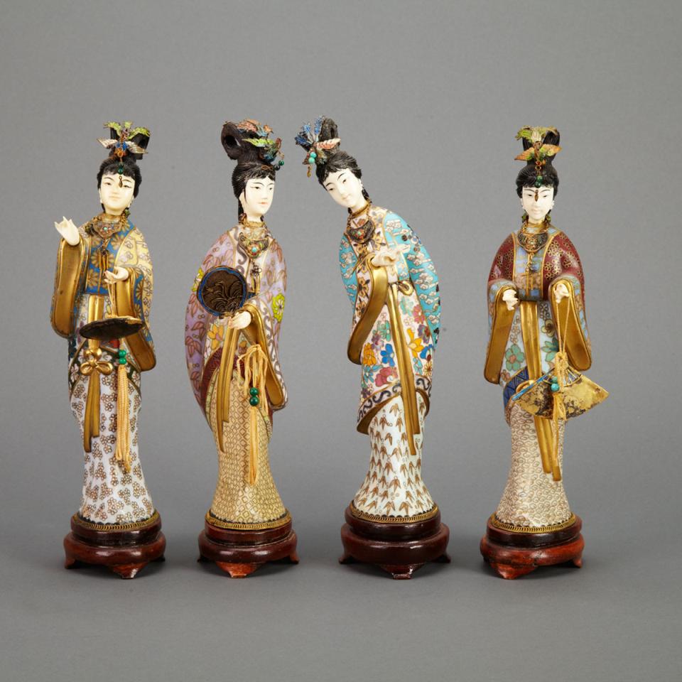 Set of Four Ivory and Cloisonné Enamel Maidens