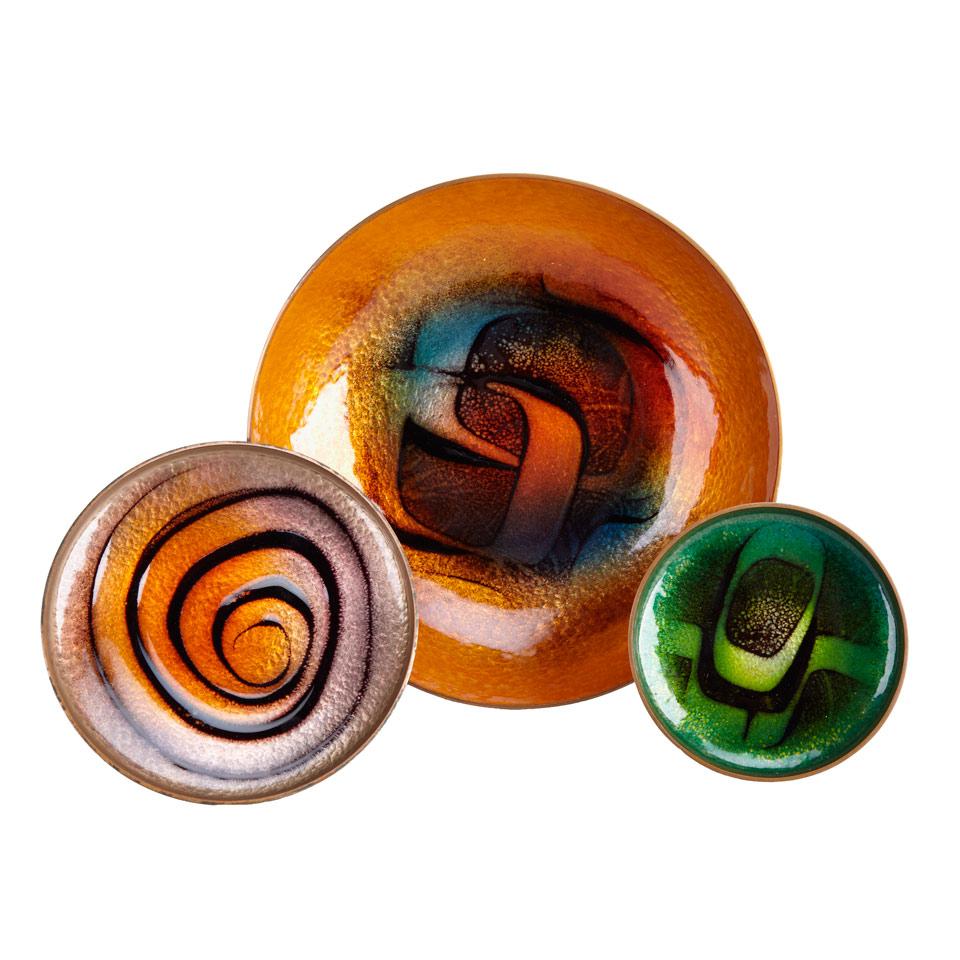 Three Drangsgaard Abstract Enameled Copper Dishes, 1960’s