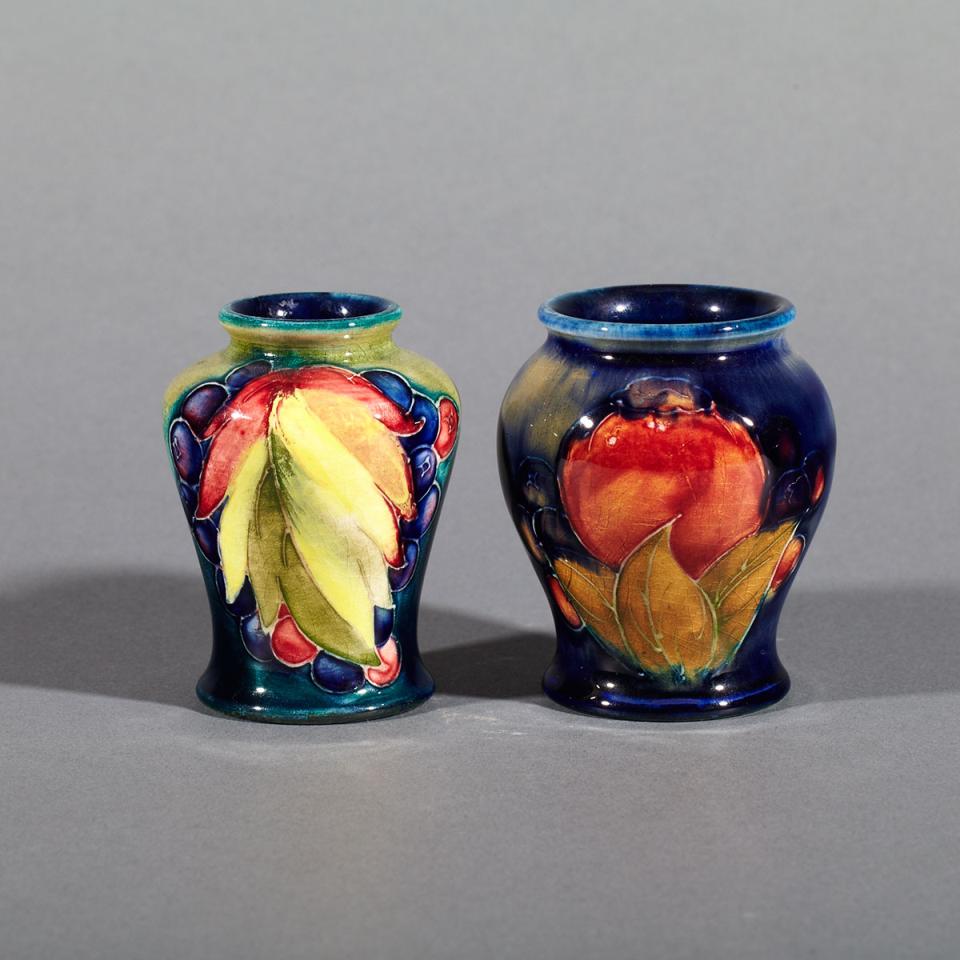 Moorcroft Pomegranate Small Vase and Grape and Leaf Small Vase, 1930’s