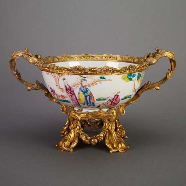Ormolu Mounted Chinese Export Porcelain Mandarin Rose Punch Bowl, 18th century