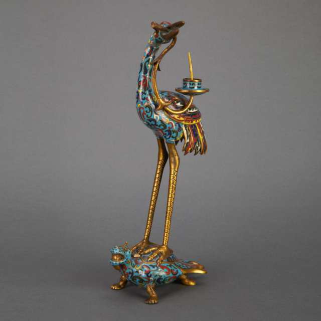 Pair of Chinese Cloisonné Enamelled and Gilt Bronze Longevity Crane Candle Prickets, Early 20th Century
