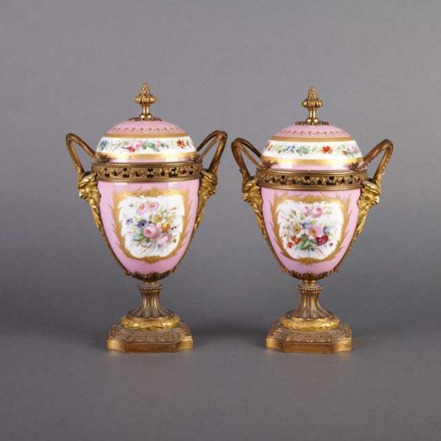 Pair of Ormolu Mounted ‘Sèvres’ Mantel Vases with Covers, late 19th century
