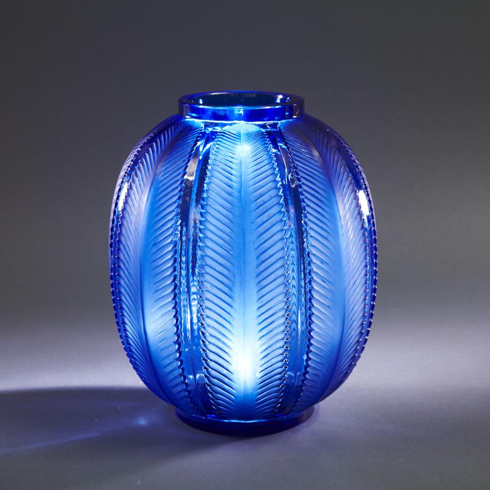 ‘Biskra’, Lalique Moulded Blue Glass Vase, 1930s