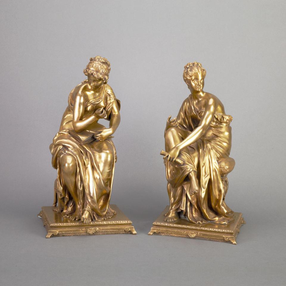 Pair of French Bronze Figures of Seated Classical Muses, early-mid 20th century