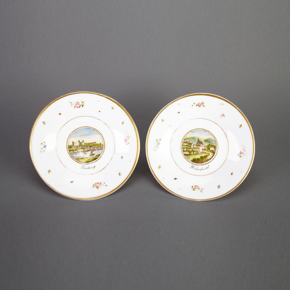 Pair of Bohemian Enameled Opaque White Glass Topographical Plates, mid-19th century