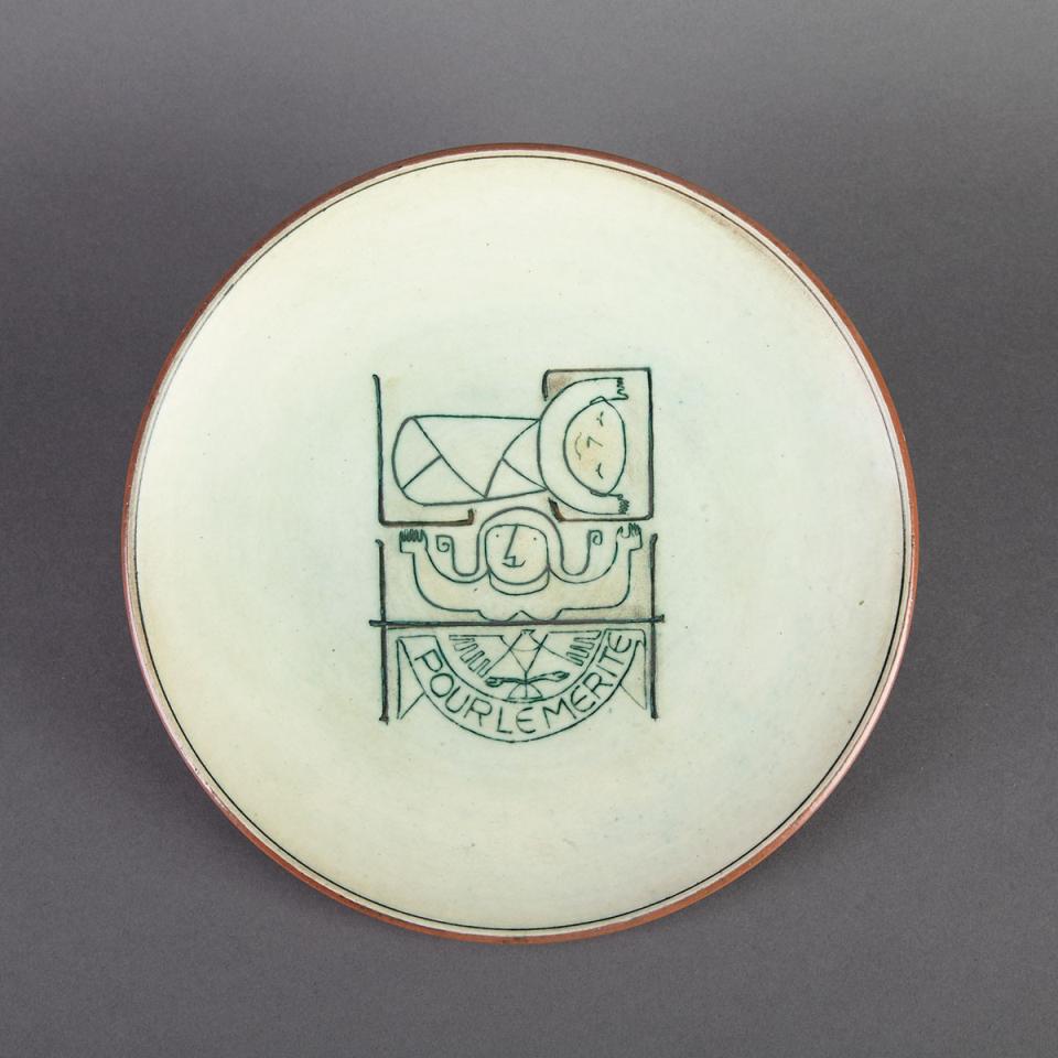 Brooklin Pottery Plate, ‘Pour le Merite’, Theo and Susan Harlander, mid-20th century