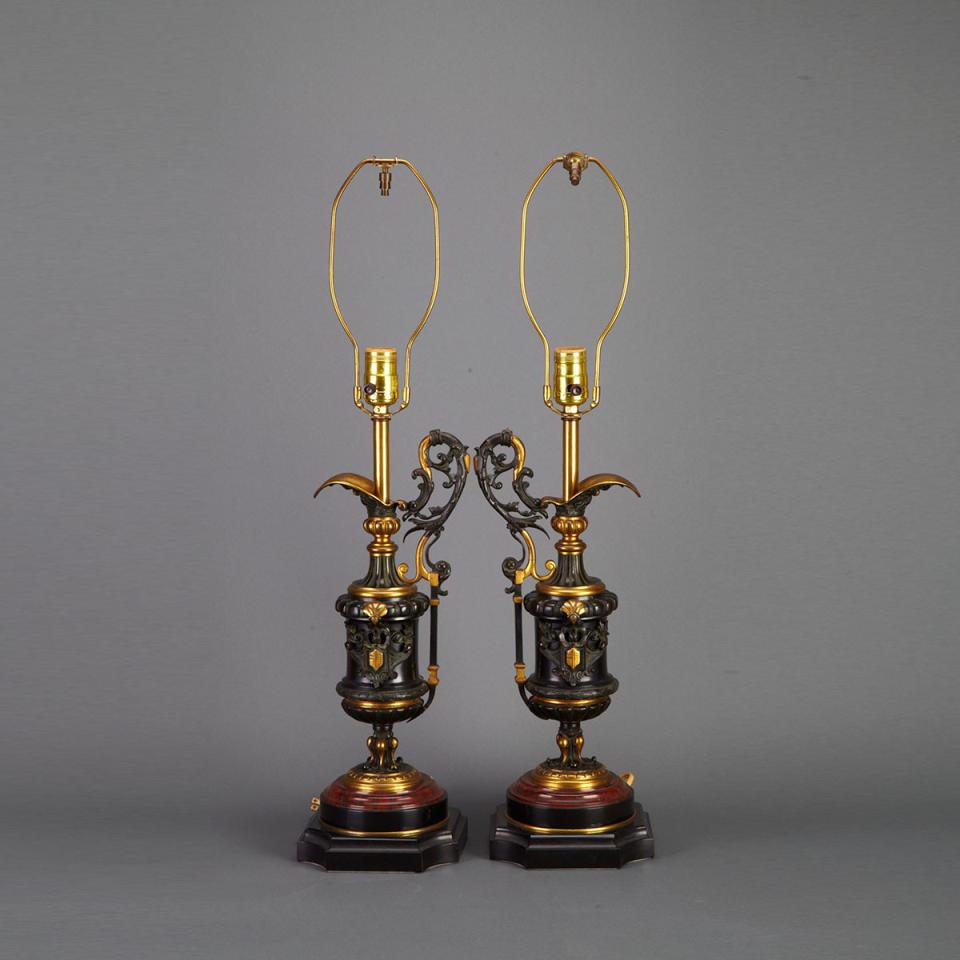 Pair of Victorian Patinated and GIlt Bronze Ewer Form Garniture, c.1880