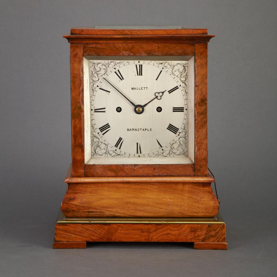 English Walnut Mantle Clock, Mallett, Barnstaple, late 19th century