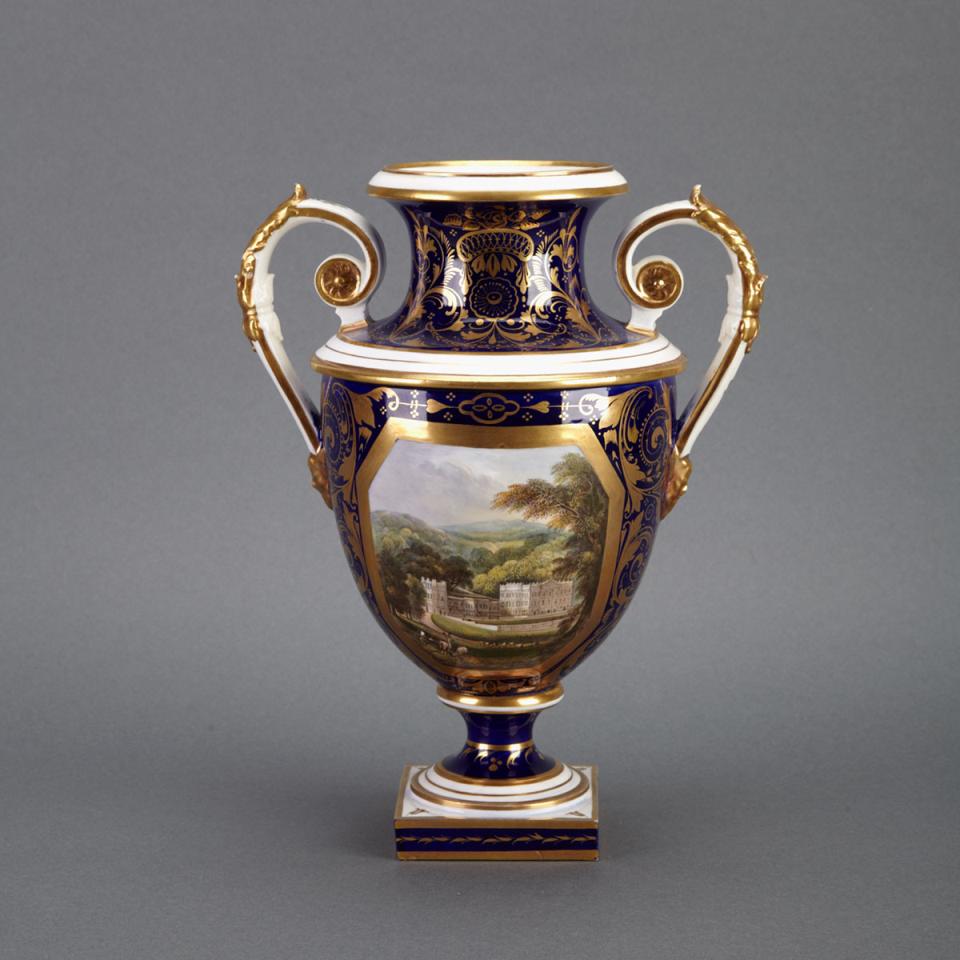 Bloor Derby Blue Ground Two-Handled Vase, ‘Chatsworth’, c.1830-40