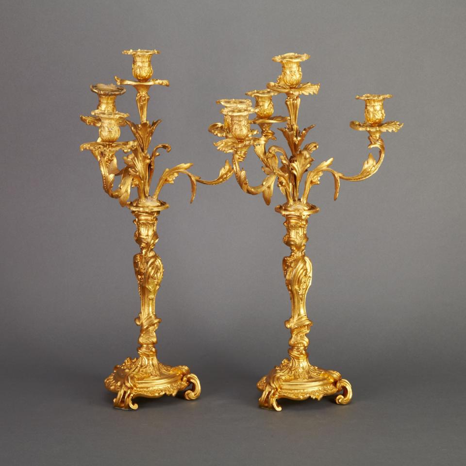 Pair of Louis XV Style Gilt Bronze Four Light Candelabra, Late 19th century