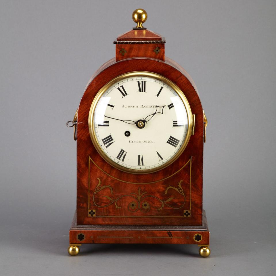 English Brass Inlaid Mahogany Bracket Clock,  Joseph Banister,Colchester, c.1830
