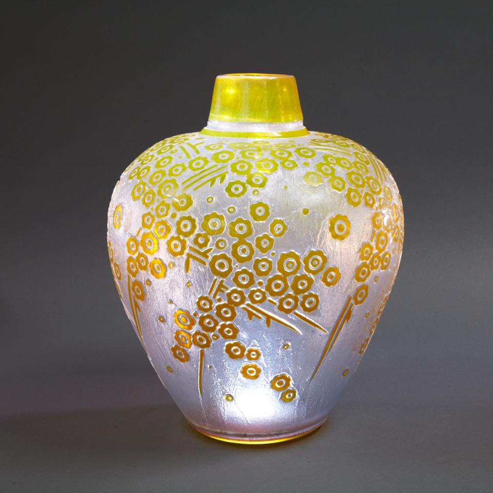 Large Daum Acid-Etched Cameo Glass Prunus Vase, 1920s