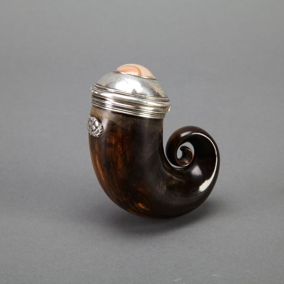 Scottish Silver and Agate Mounted Ram’s Horn Snuff Mull, c.1800