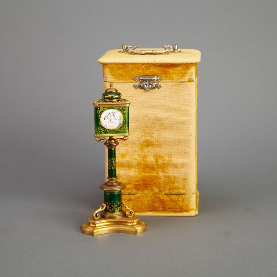 Miniature Swiss Gilt Bronze and Enamelled Copper  Street Lamp Clock, c.1900