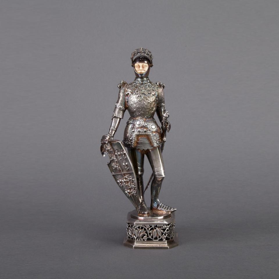 German Silver and Carved Ivory Figure of a Medieval Knight, c.1930