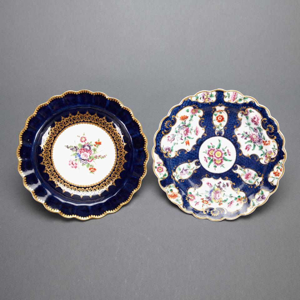 Two Worcester Blue Ground Plates, c.1770