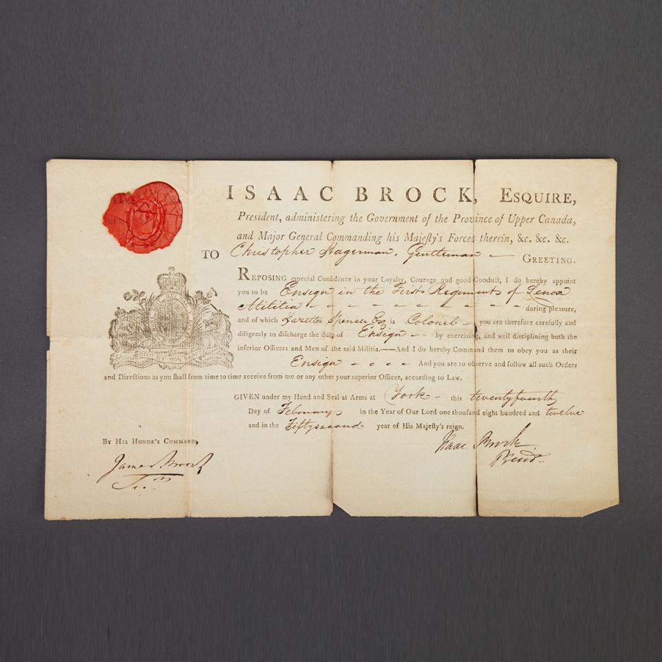 Sir Isaac Brock Appointment of Christopher Hagerman, Gentleman to  Ensign in the First Regiment of Lenox, 1812