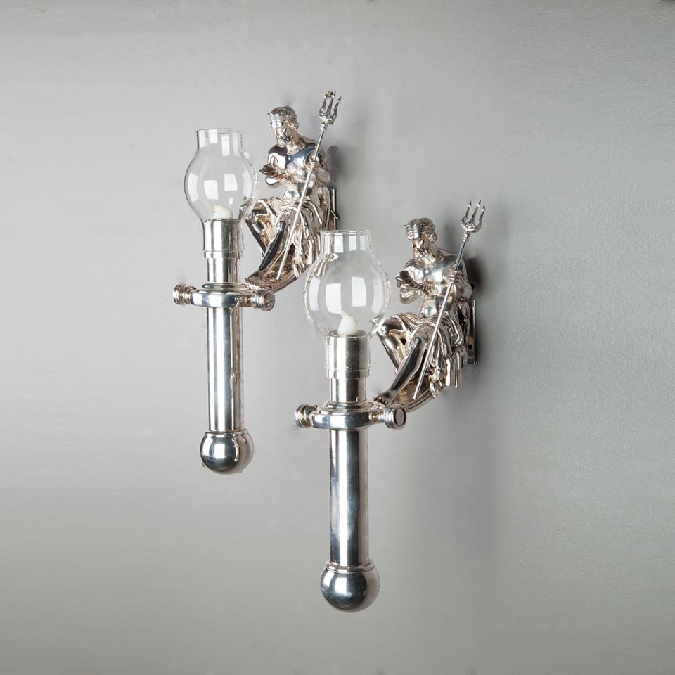 Set of Six Silvered Ship’s Figural Wall Sconces, mid 20th century
