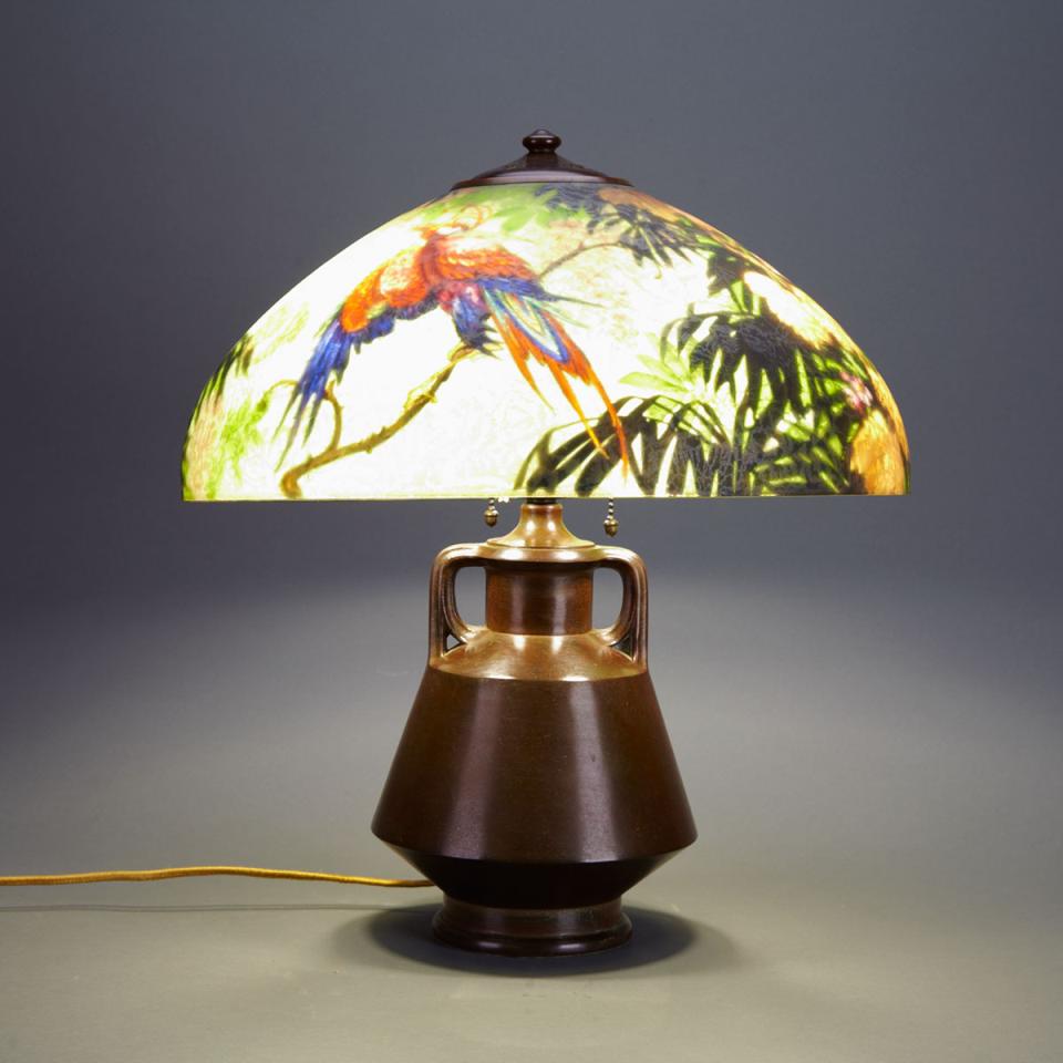 Handel Reverse Painted Glass and Patinated Bronze Birds of Paradise Table Lamp, c.1927