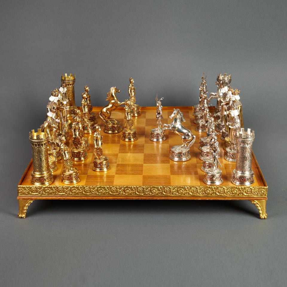 Jeweled Silver and Silver-Gilt and Carved Ivory Chess Set, 20th century