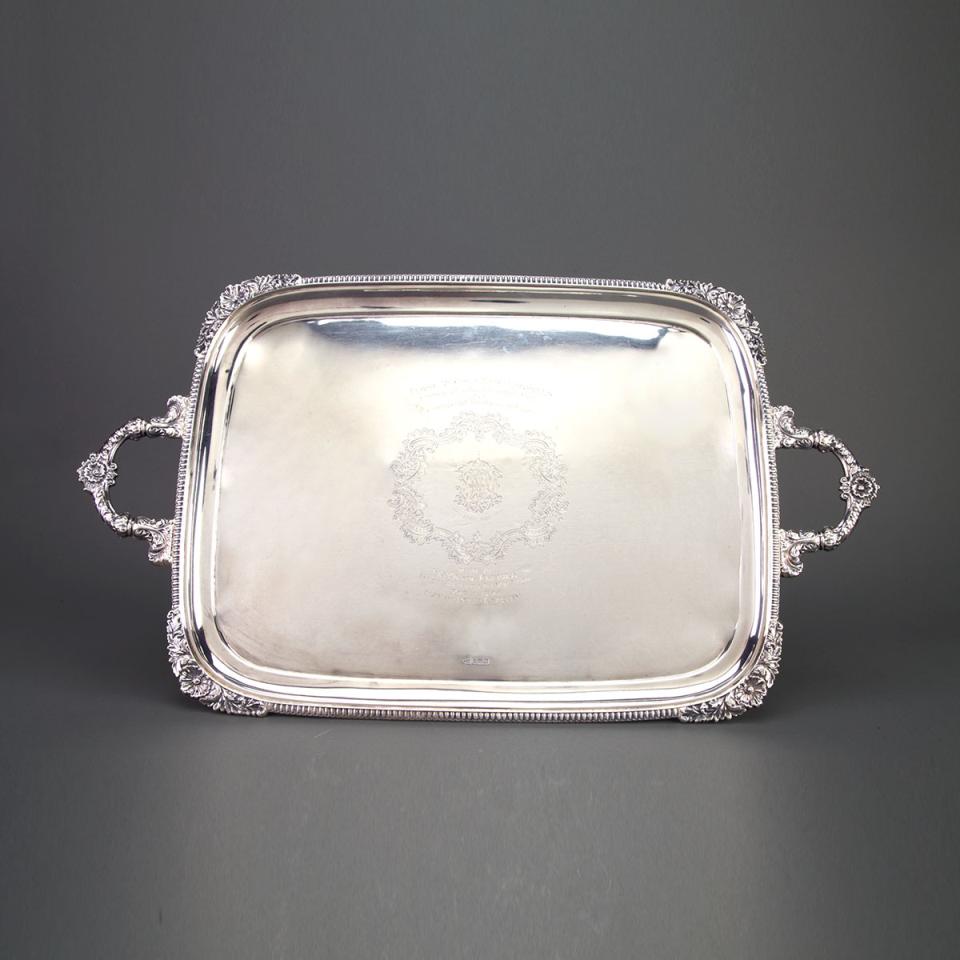 Late Victorian Silver Two-Handled Rectangular Serving Tray, Walker & Hall, Sheffield, 1899