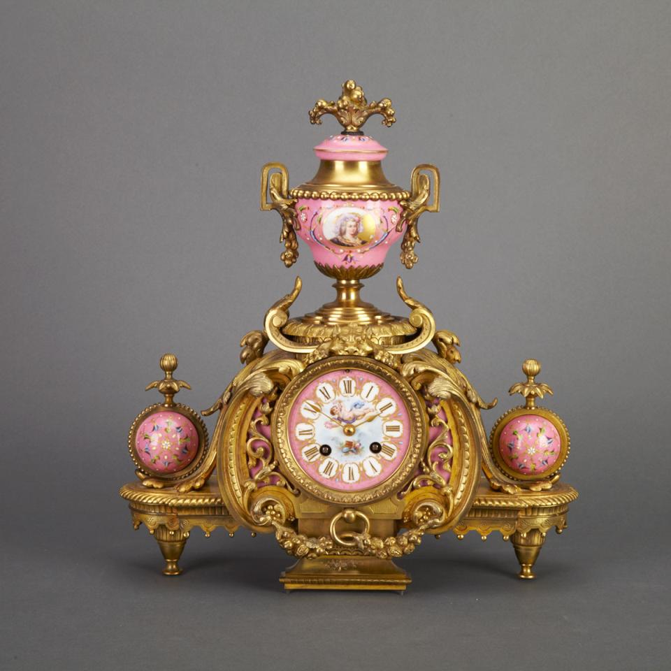 Napoleon III Sevres Style Porcelain Mounted Gilt Bronze Mantle Clock, c.1870