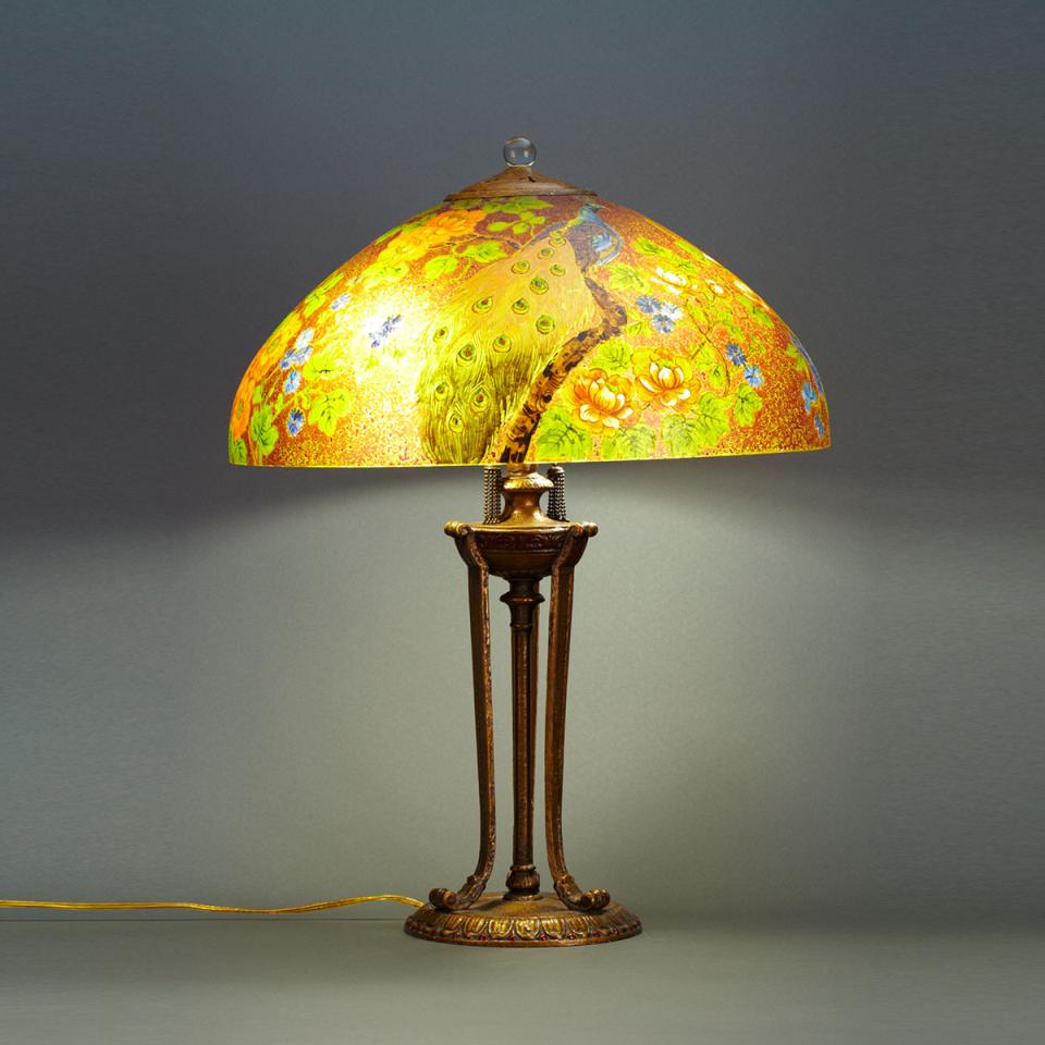 Handel Reverse Painted and Enamelled Glass Peacock Table Lamp, c.1923