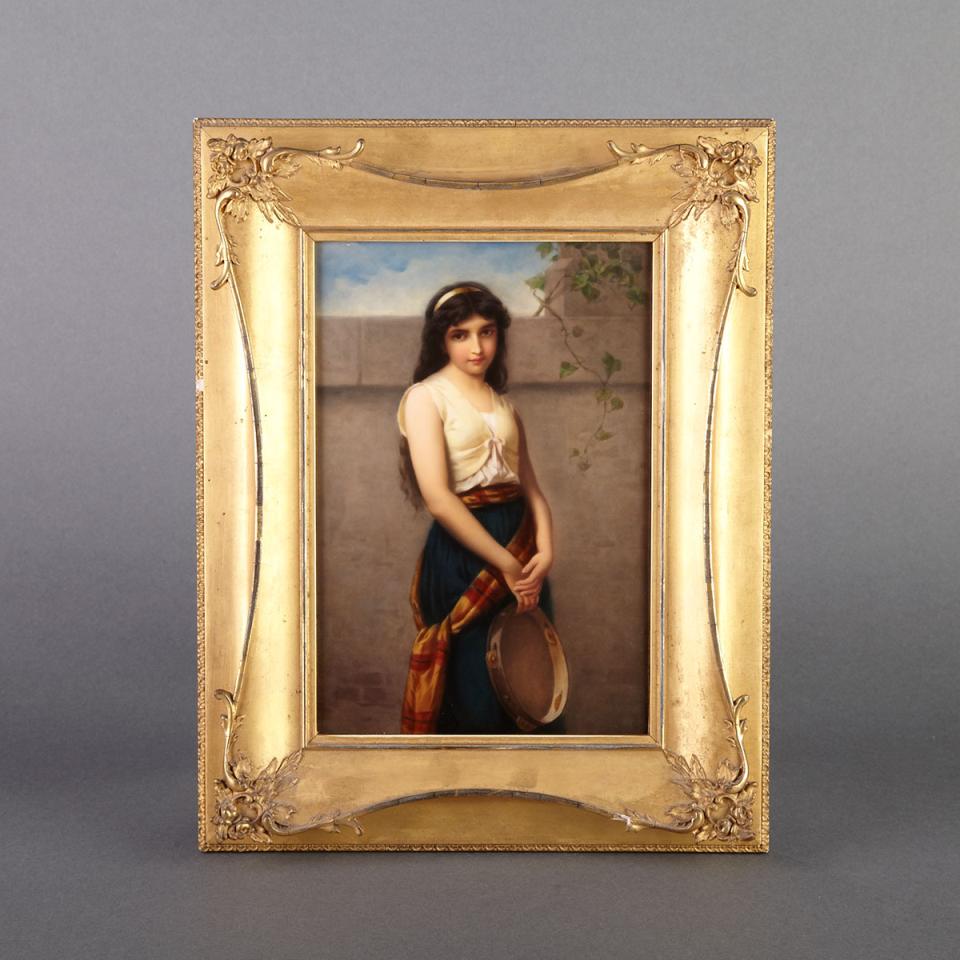 Berlin Rectangular Plaque of a Gypsy Girl with Tambourine, signed Lauterbach, late 19th century