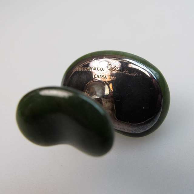 Pair Of Tiffany & Co. Elsa Peretti Nephrite And Sterling Silver “Bean” Cufflinks