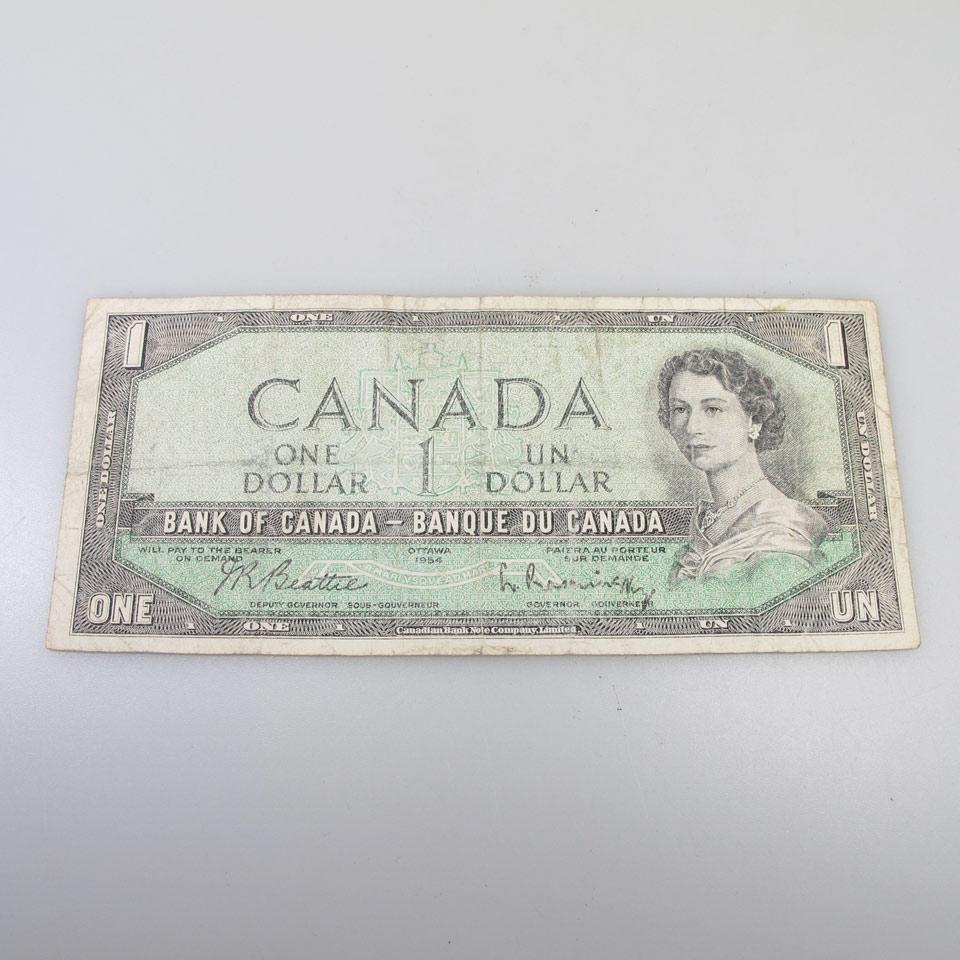 Unusual 1954 Bank Of Canada $1 Error Note