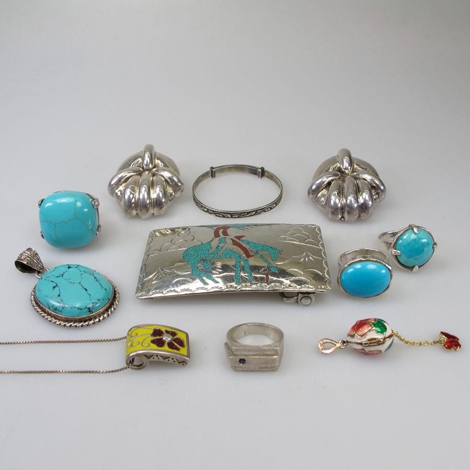 Three Silver Rings, A Buckle And A Pendant