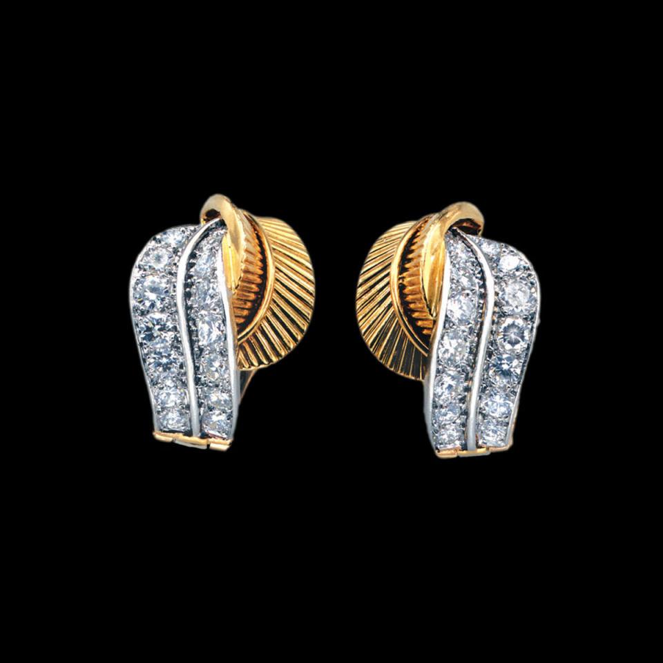 Pair Of Van Cleef & Arpels French 18k Yellow Gold And Platinum clip back earrings