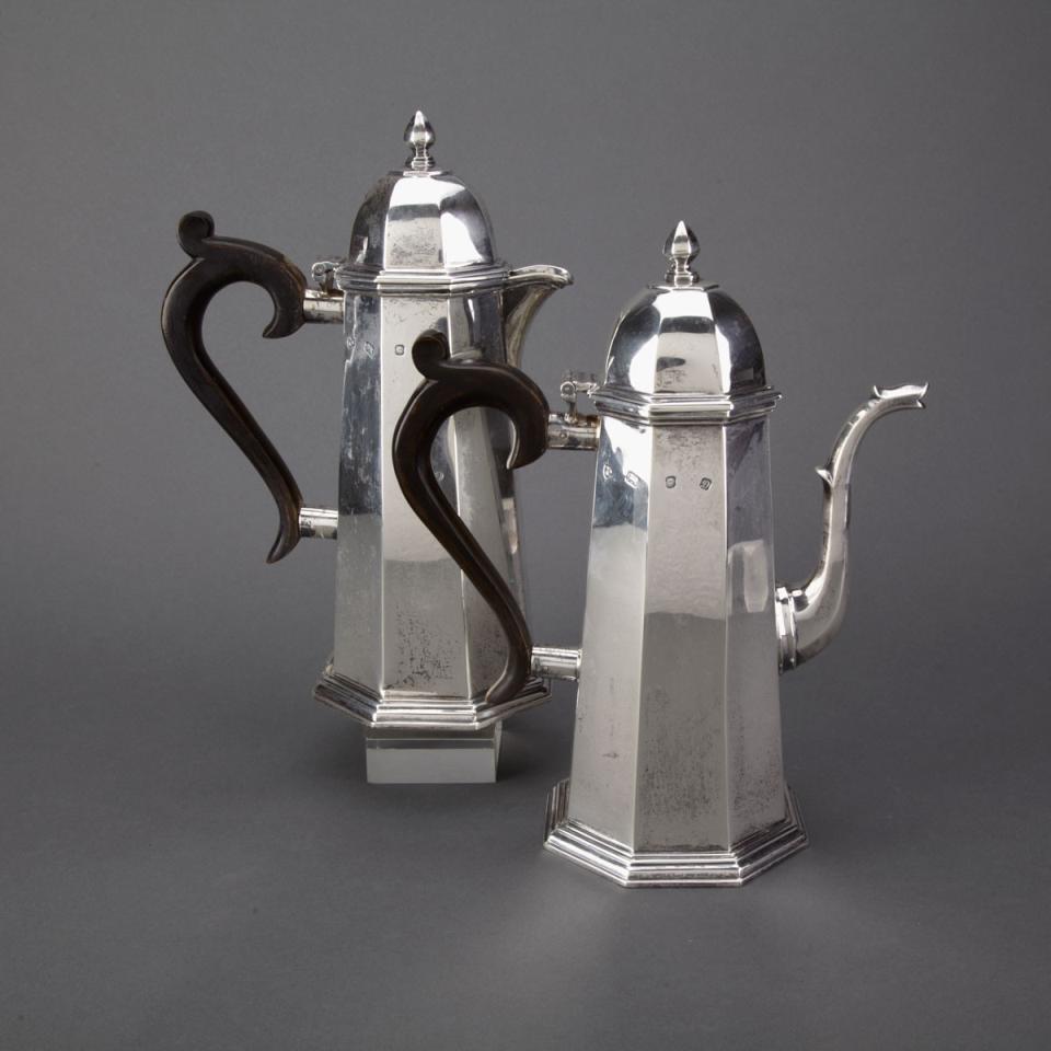 Pair of English Silver Octagonal Coffee Pots, A. Haviland-Nye, London, 1978