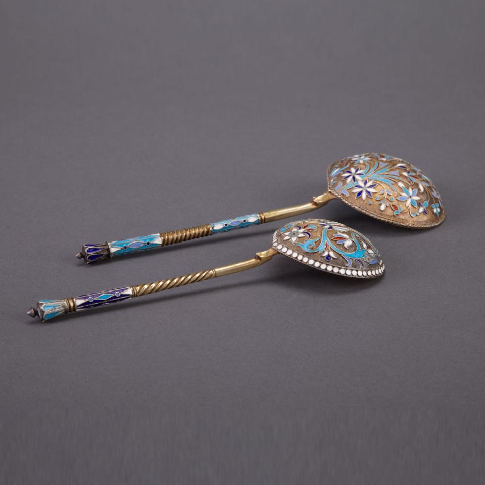 Two Russian Silver-Gilt and Cloisonné Enamel Spoons