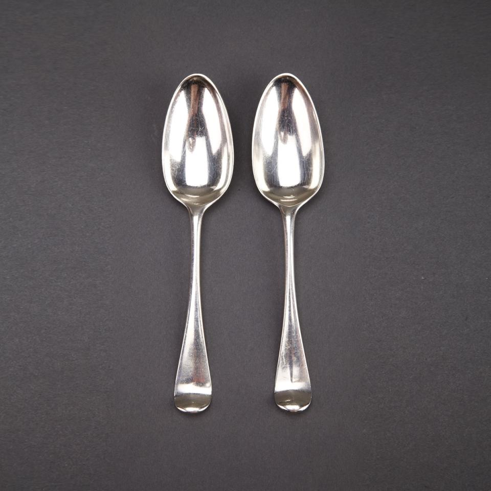 Pair of George II Silver Hanoverian Pattern Table Spoons, Ebenezer Coker, London, 1758