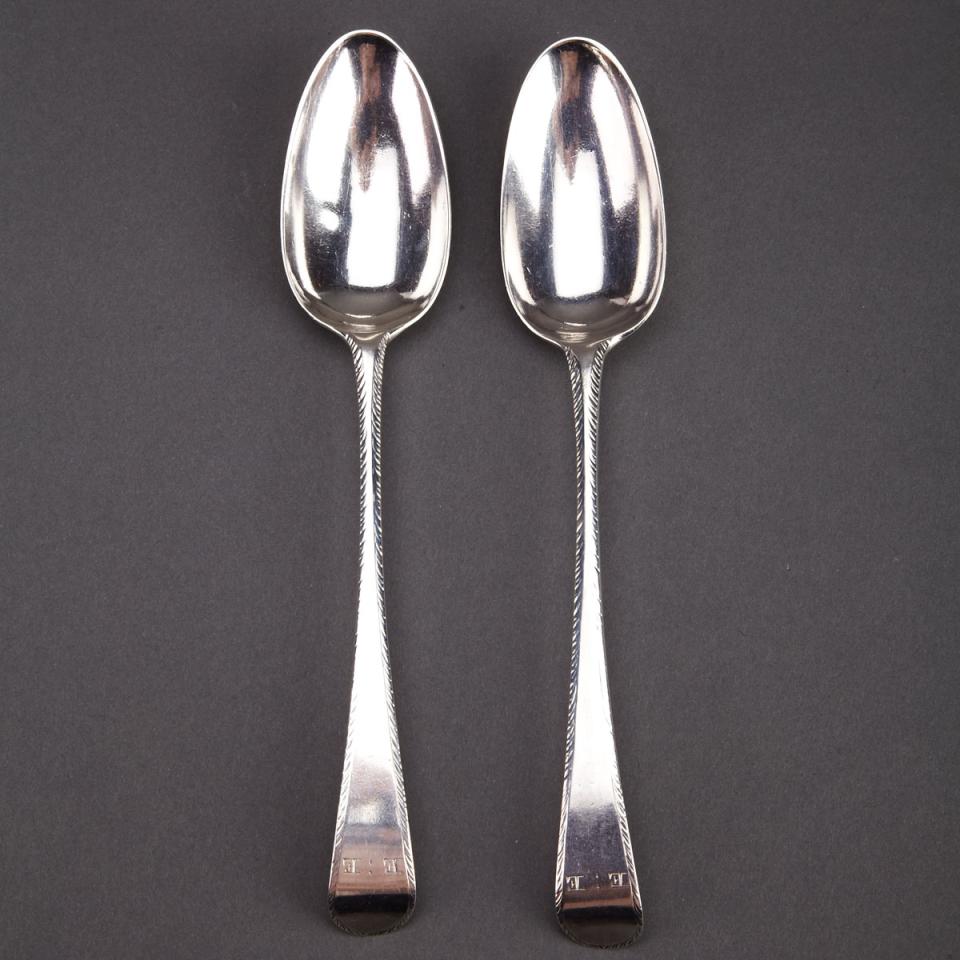 Pair of George III Silver Feather-Edged Old English Pattern Table Spoons, Hester Bateman, London, 1774