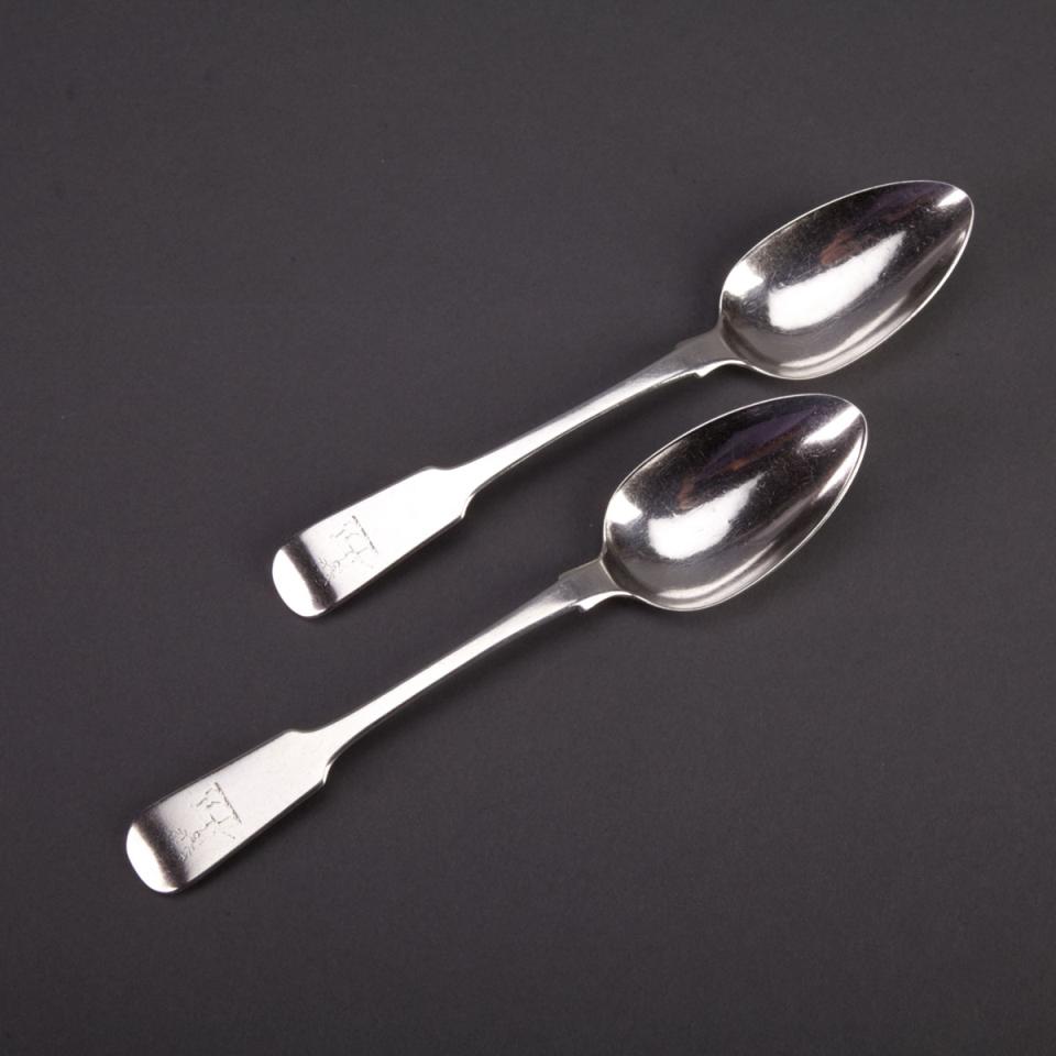 Pair of Canadian Silver Fiddle Pattern Table Spoons, William Stennett, Toronto, Ont., c.1830-40