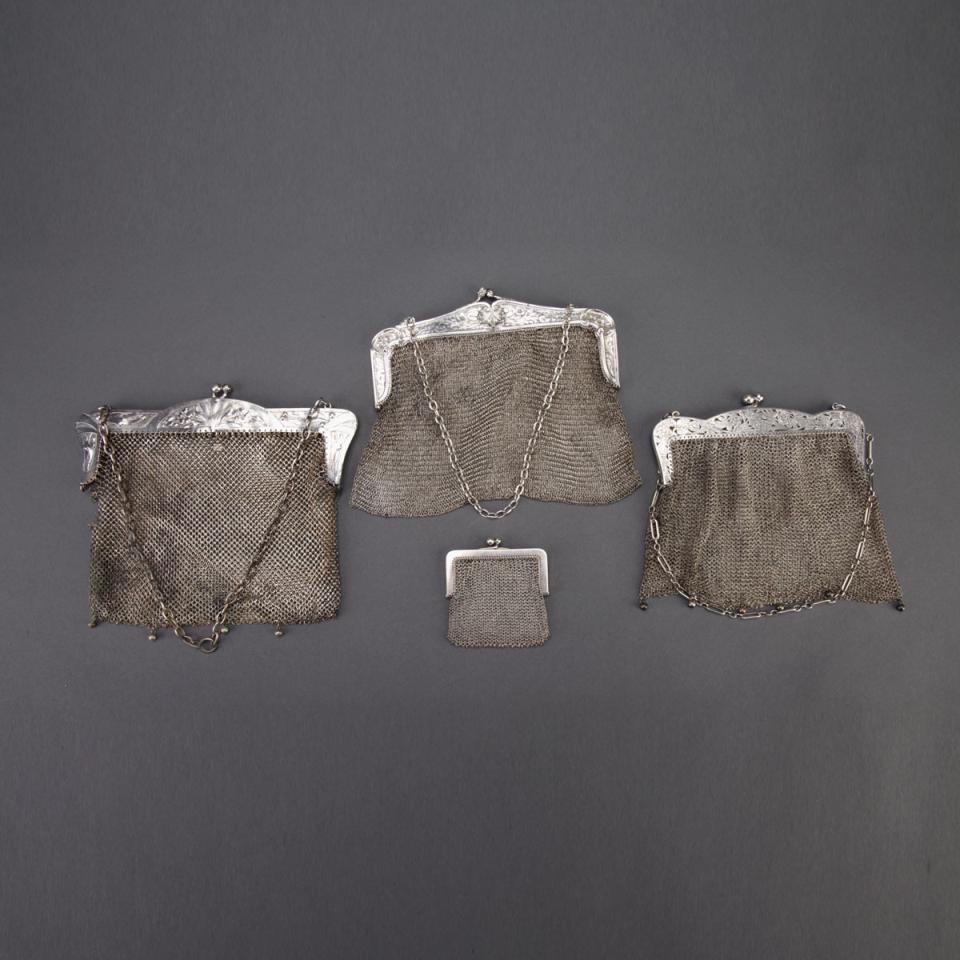 Three German Silver Mesh Evening Bags and a Change Purse, c.1900