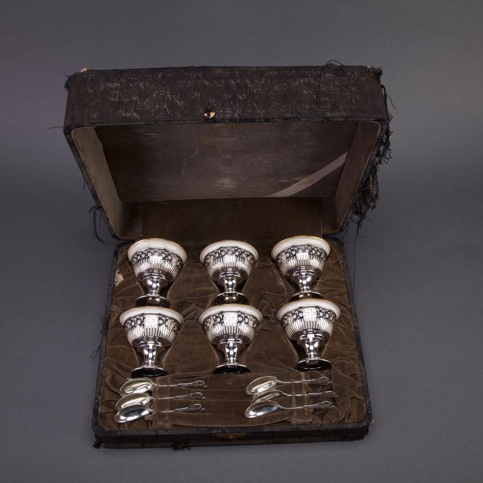 Six American Silver and Lenox China Dessert Cups with Spoons, early 20th century