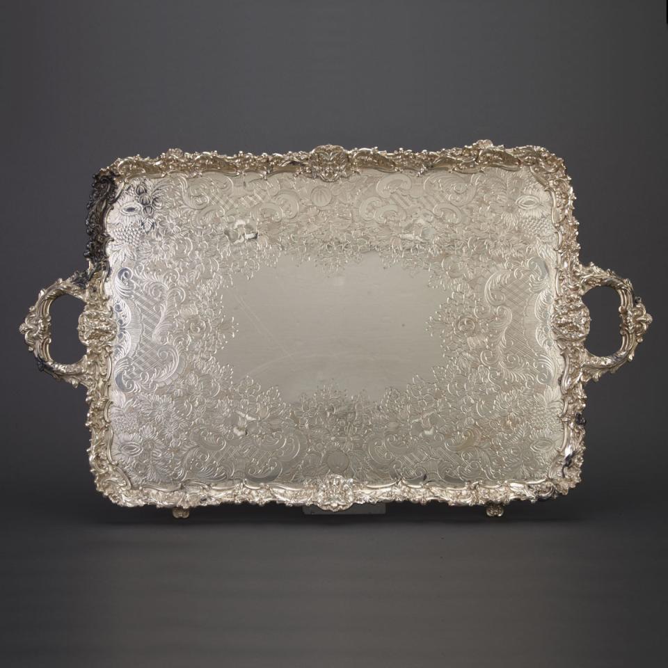 English Silver Plated Two-Handled Rectangular Serving Tray, Ellis-Barker Silver Co., 20th century