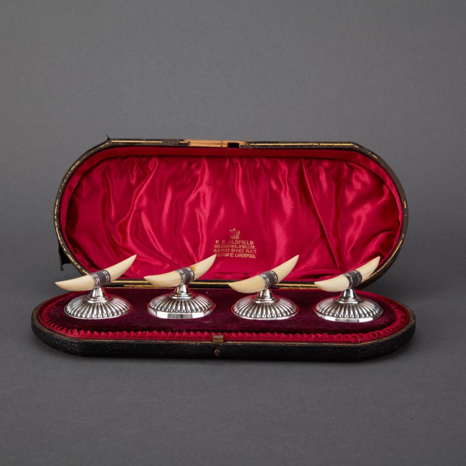 Set of Four Victorian Silver and Ivory Knife Rests, James Dixon & Son, Sheffield, 1893/94