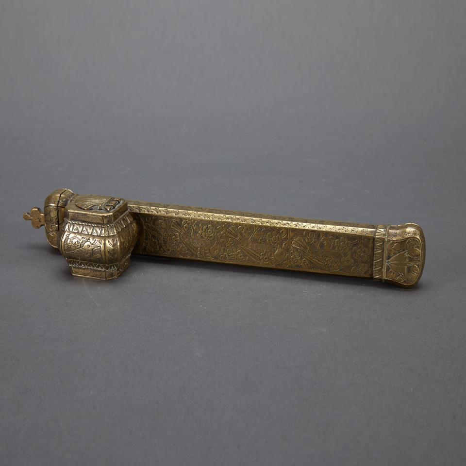 Ottoman Brass Scribe’s Pen Case with Inkwell (Divit), Turkey, 19th century