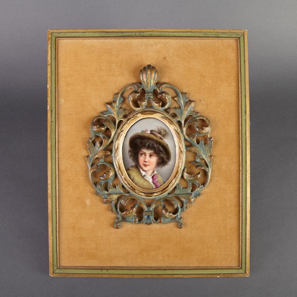 Italian Porcelain Oval Portrait Plaque of a Young Boy, probably Firenze, c.1900