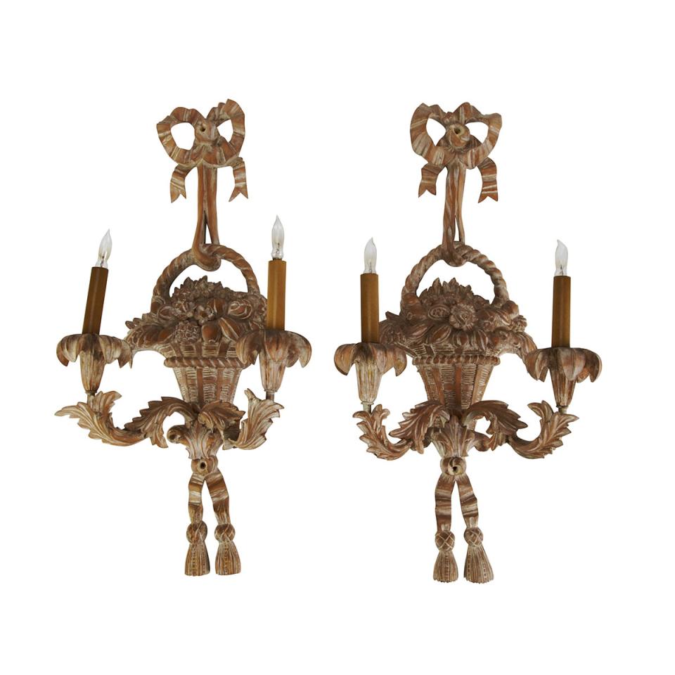 Pair Louis XVI Style Carved Two Light Wall Sconces, 20 century