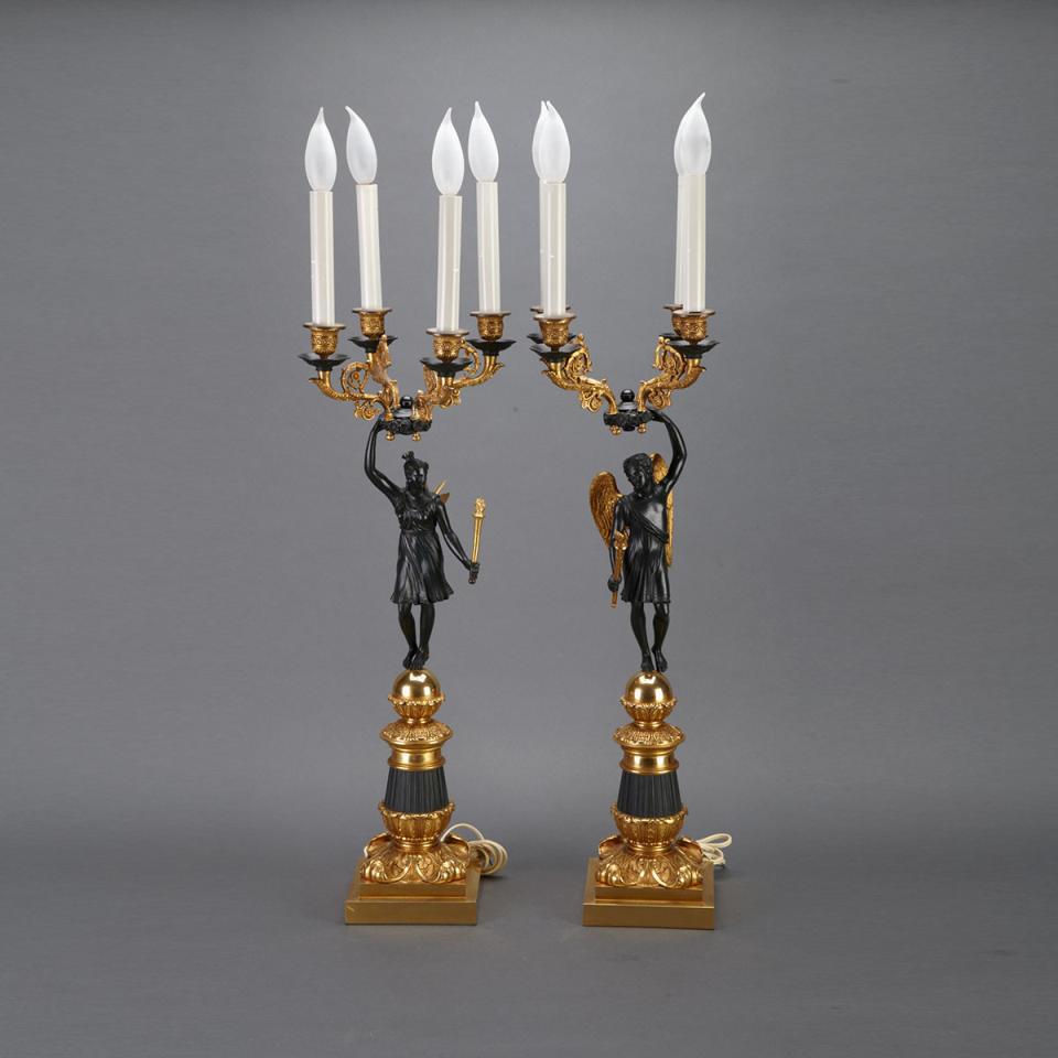 Pair of French Empire Style Gilt and Patinated Bronze Figural Four Light Candelabra, 20th century