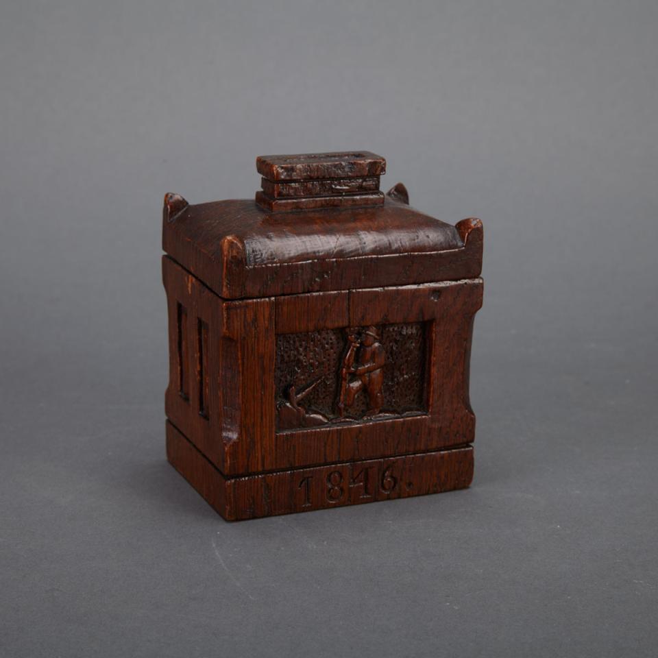 Continental Carved Oak Building Form Tobacco Box, 1846