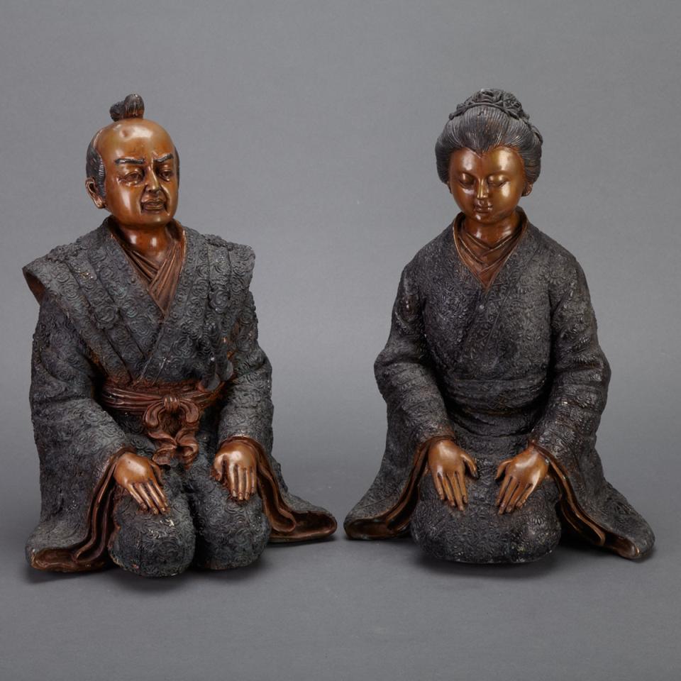 Pair of Japanese Bronze Figures of Kneeling Husband and Wife, 20th century