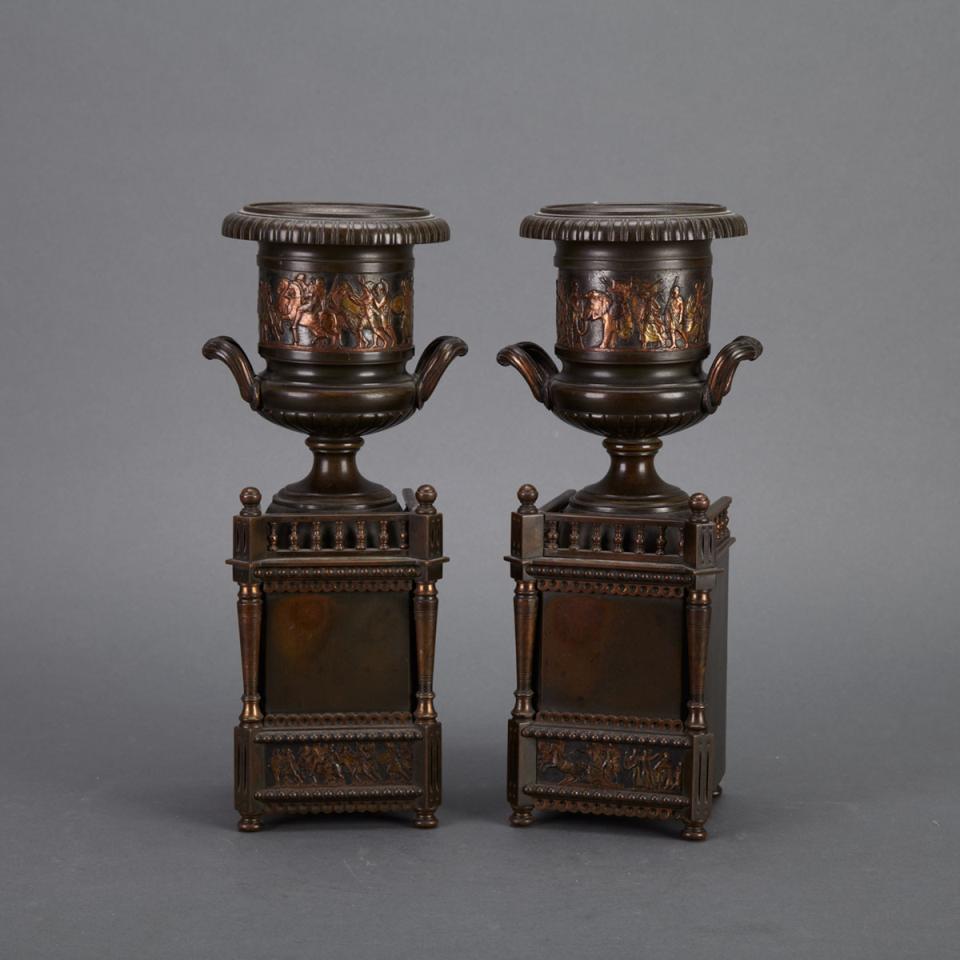 Pair French Bronze Garniture Mantle Urns, 19th century