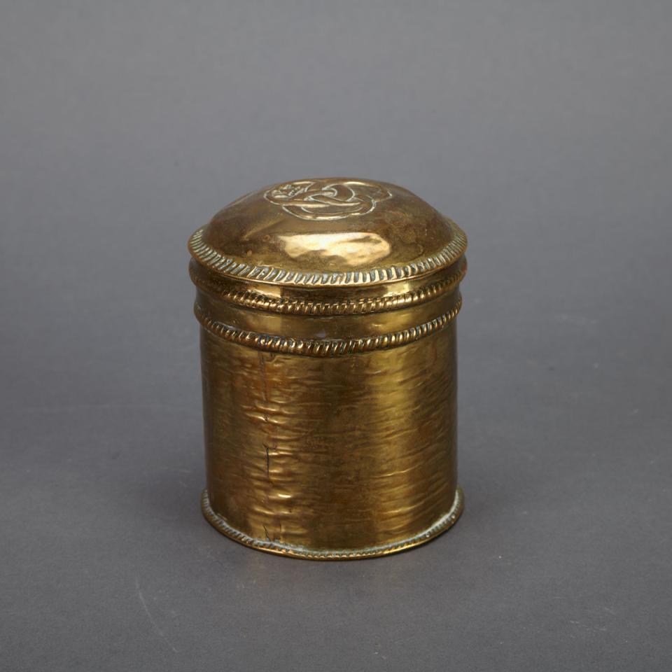 Paul Beau (Canadian, 1871-1941) Hammered Brass Tobacco Canister, early 20th century