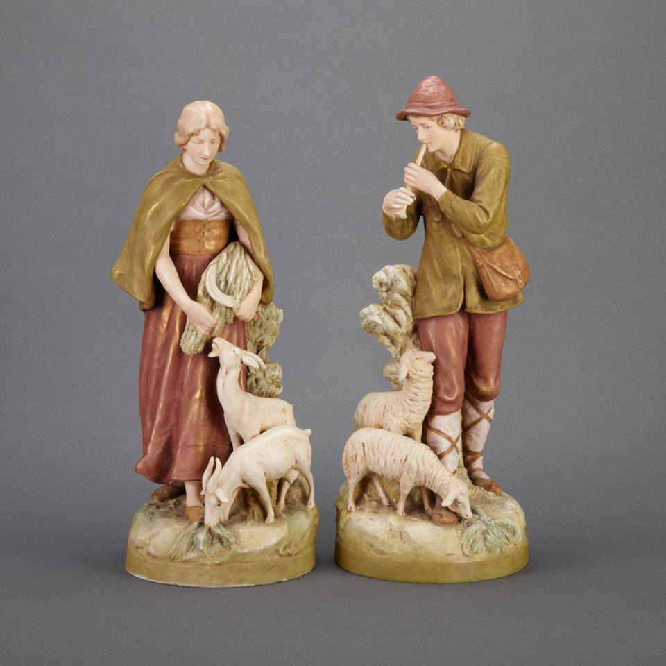 Pair of Royal Dux Figures of a Goatherd and Shepherd, early 20th century